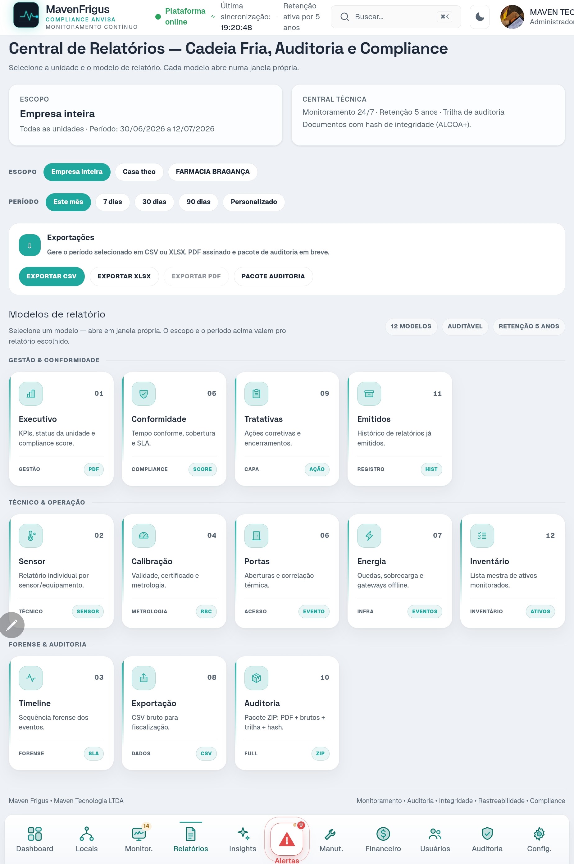 Central de Relatórios do MavenFrigus com 12 modelos: executivo, conformidade, timeline, calibração, energia, auditoria e mais